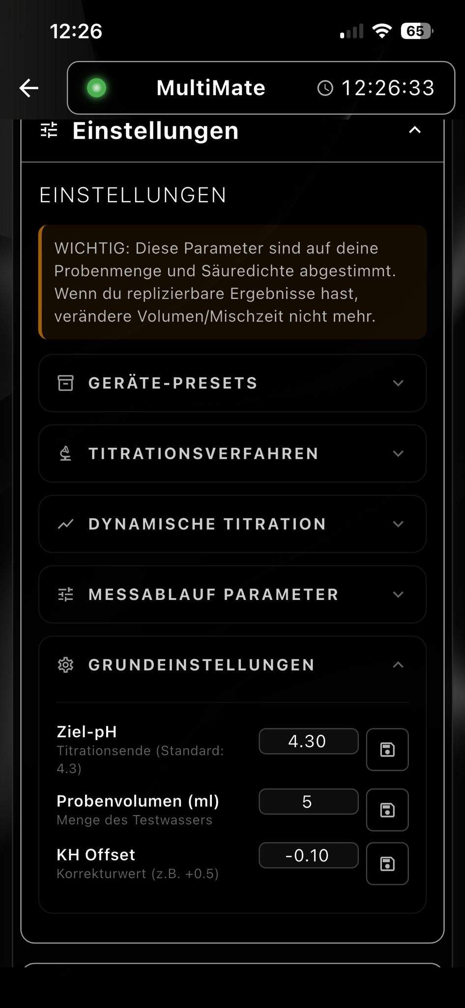 KH Messung Titrationseinstellungen