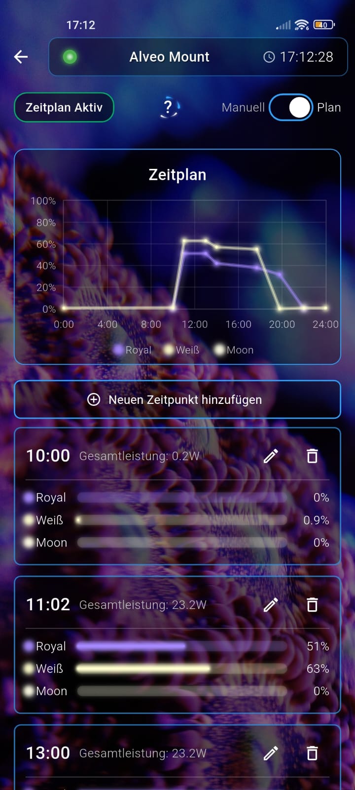 Screenshot des LED Zeitplan Modus